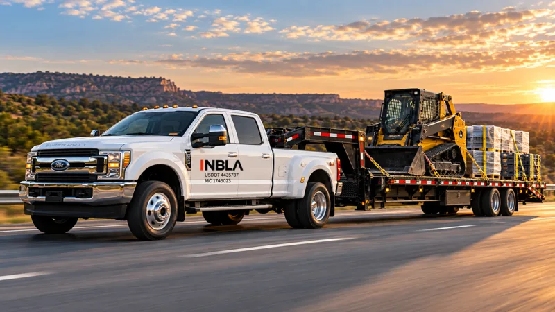 White NBLA-branded Ford F-350 dually hauling equipment and materials on a flatbed